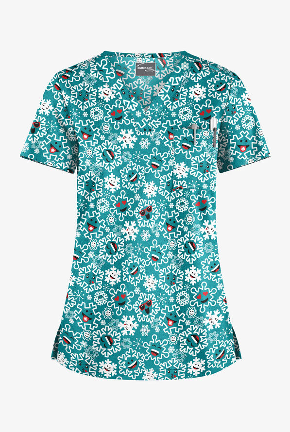 Butter-Soft Smiling Snowflakes Teal Women's 1-Pocket V-Neck Tuck-In Print Scrub Top - null - 1