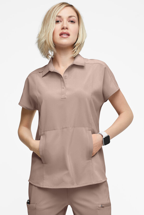 Easy STRETCH LEA Women's 3-Pocket Polo Collar Scrub Top - Mocha Meringue - 2
