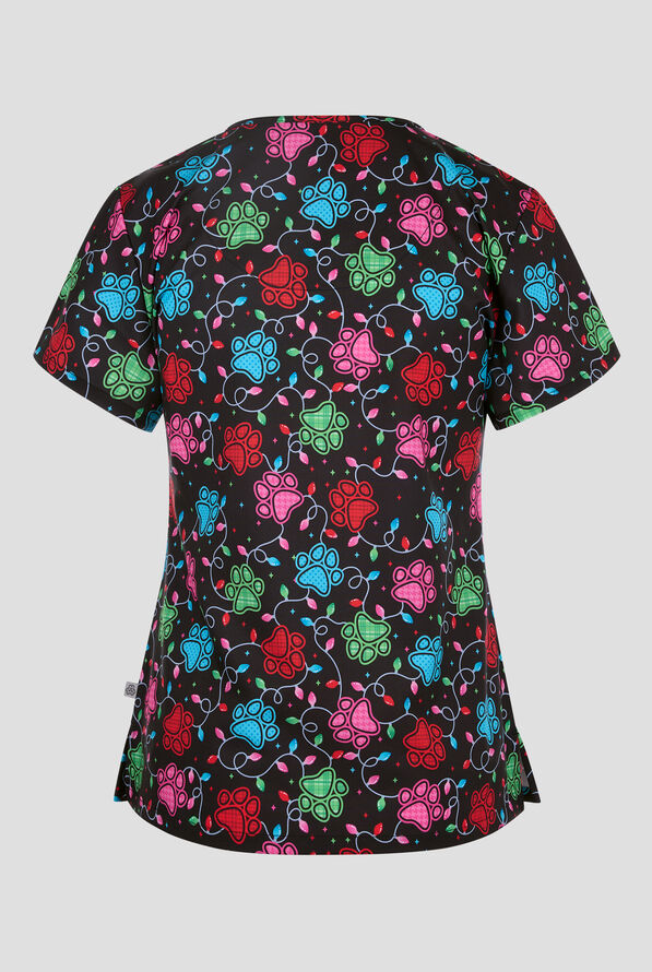 Zavate Ava Therese Pawfect Lights Women's 2-Pocket STRETCH V-Neck Print Scrub Top - null - 2