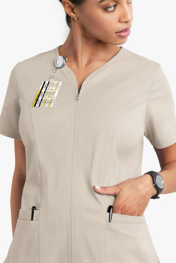 Butter-Soft STRETCH Women's 4-Pocket Smooth Face Zipper Scrub Top - Warm Sand - 3