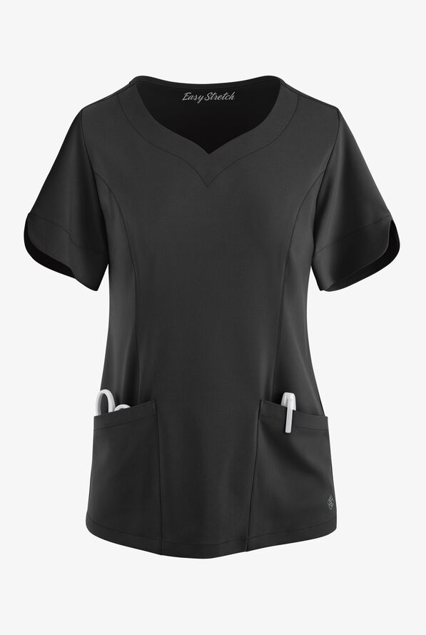 Easy STRETCH Aisha Women's 2-Pocket Sweetheart Neckline Scrub Top - Onyx Black - 1