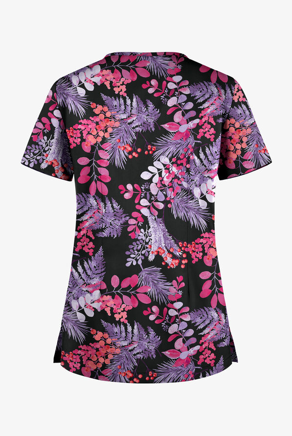 Butter-Soft STRETCH Black Forest Fern Women's 1-Pocket Tuck-In V-Neck Print Scrub Top - null - 2