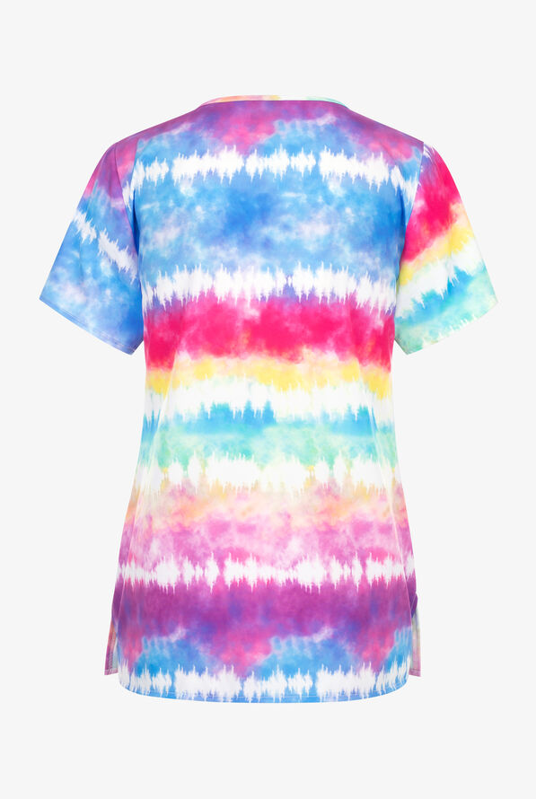 Zoe & Chloe Chasing Rainbows Tie Dye Women's 2-Pocket STRETCH V-Neck Tie-Back Print ScrubTop - null - 2