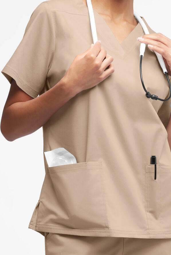 Butter-Soft STRETCH Women's 4-Pocket V-Neck Scrub Top - Iced Latte - 2