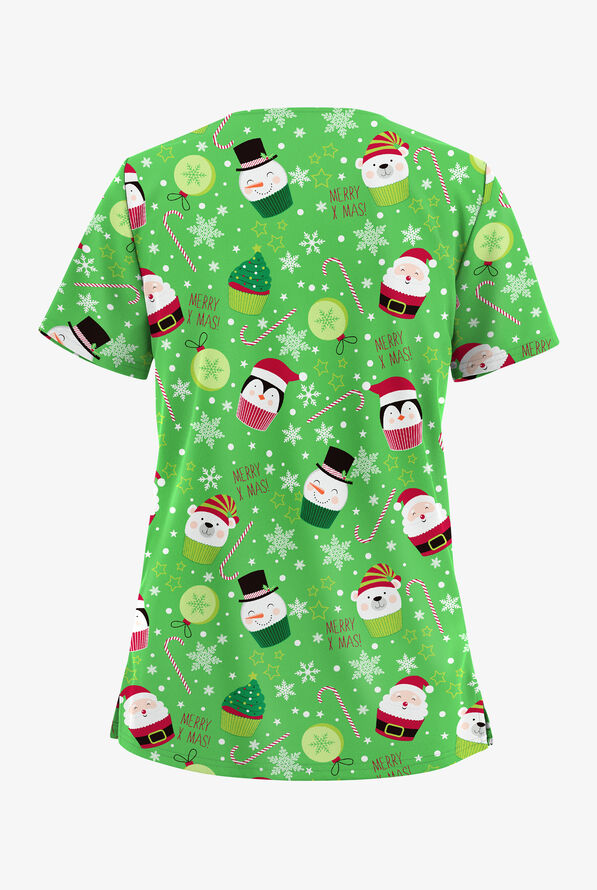 Blusa médica estampada Butter-Soft STRETCH Christmas Treats Ruby con cuello en V y 2 bolsillos para mujer - null - 2
