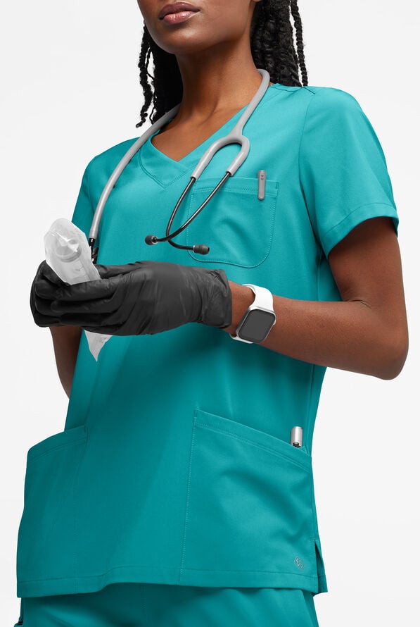 Easy STRETCH Tessa Women's 5-Pocket V-Neck Scrub Top - Teal - 2