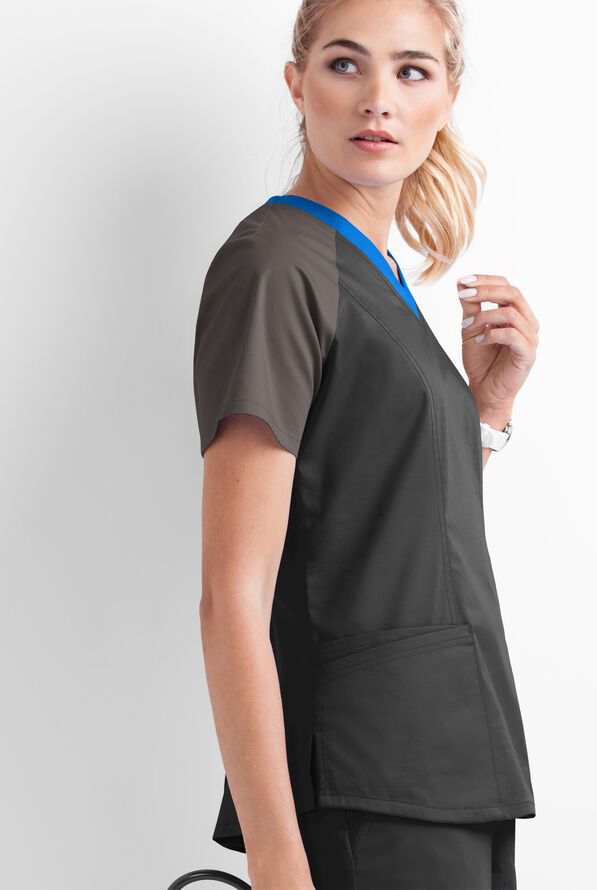 Butter-Soft STRETCH Women's 5-Pocket Active Color Block Scrub Top - Black/Cool Grey/Royal - 4