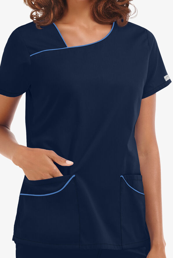 Butter-Soft Core Women's 4-Pocket Asymmetrical Neck Scrub Top - Navy/Ceil - 2