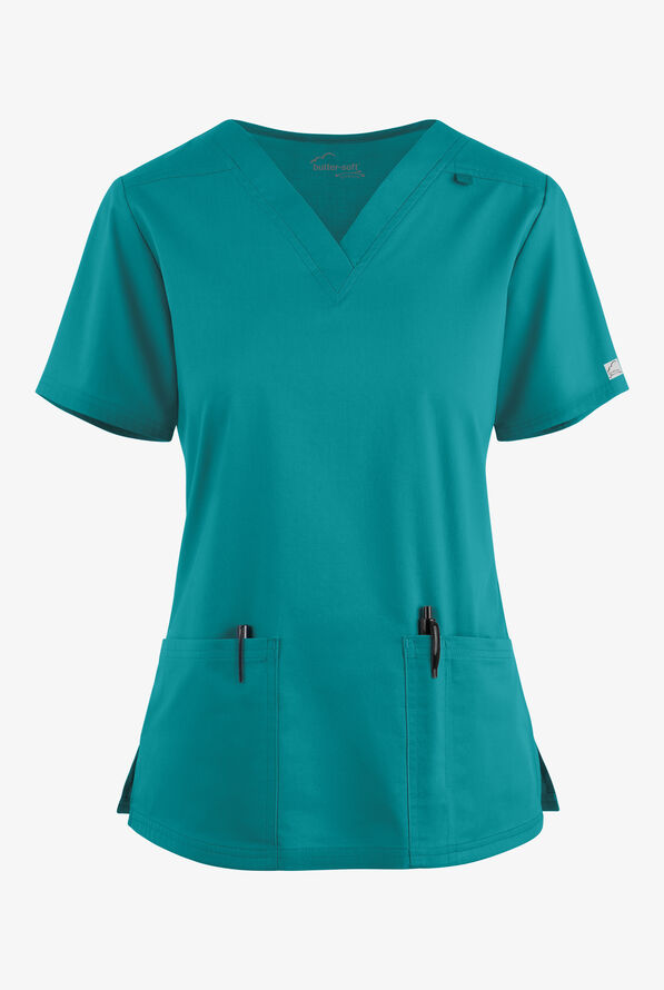Butter-Soft STRETCH Women's 4-Pocket V-Neck Scrub Top - Teal - 1