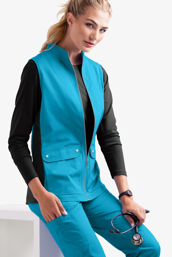 Butter-Soft STRETCH Women's 4-Pocket Active Knit Panel Scrub Vest - Turquoise/Black - 2
