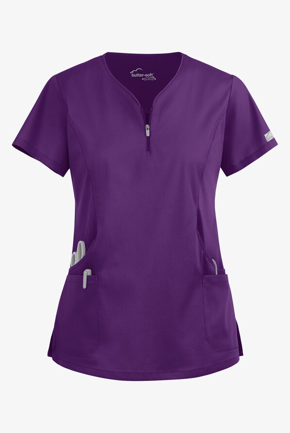 Blusa médica UA Butter-Soft STRETCH con cremallera en el cuello curvo y 4 bolsillos para mujer - Eggplant - 1