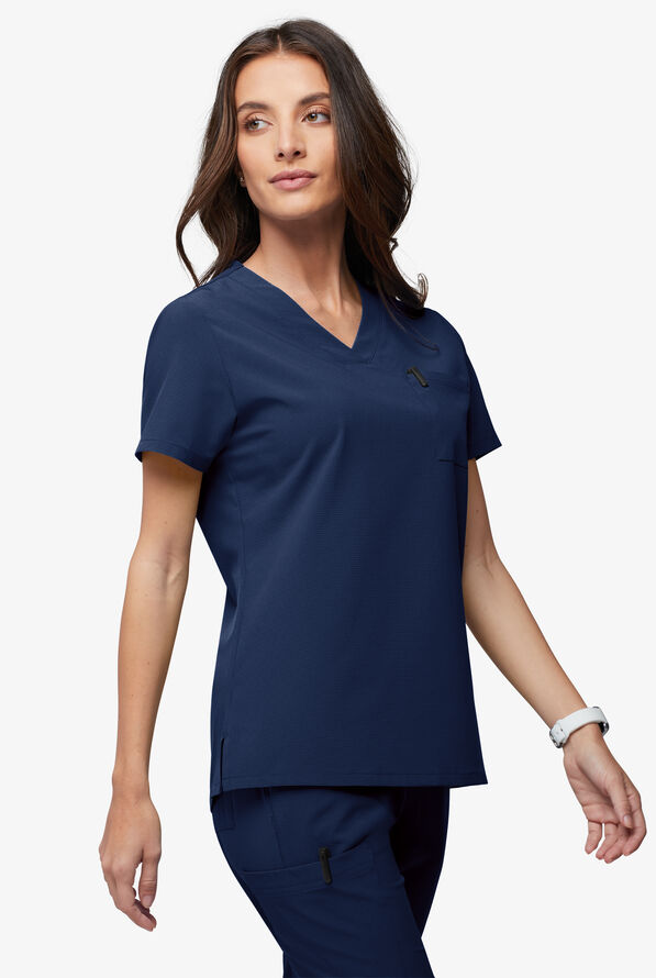 Easy Stretch EcoGrid Ariel Women's 1-Pocket Tuck In/Wear Out Scrub Top - Navy - 3