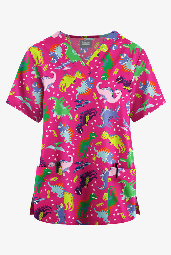 Butter-Soft Originals Colorful Dinos Fuchsia Women's 2-Pocket V-Neck Print Scrub Top - null - 1