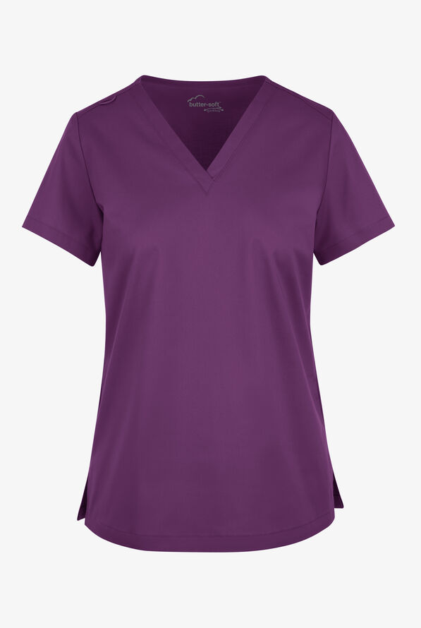 Butter-Soft STRETCH Women's V-Neck Tuck In Top - Eggplant - 1