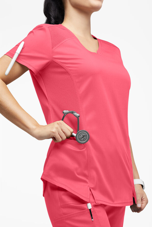 UA Exclusive Cherokee Workwear Revolution Women's 2-Pocket STRETCH Mesh Trim V-Neck Scrub Top - Blushing Coral - 4