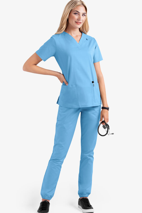 Butter-Soft STRETCH Women's 4-Pocket V-Neck Scrub Top - Blue Oasis - 2