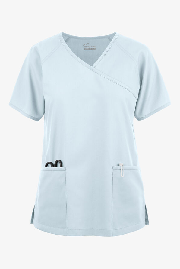 Blusa médica Butter-Soft Originals estilo cruzado con mangas raglán y 3 bolsillos para mujer - Morning Dew - 1