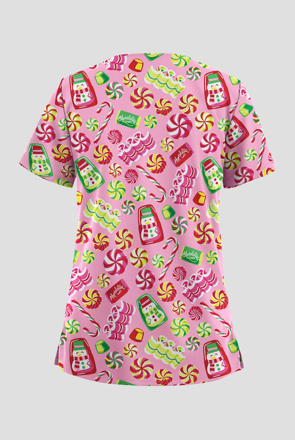 Butter-Soft STRETCH Candyland Fuchsia Women's 2-Pocket V-Neck Print Scrub Top - null - 2