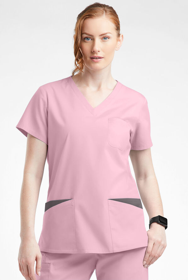 Butter-Soft Originals Women's 7-Pocket Rounded V-Neck Scrub Top - Rose Quartz/Greystone - 2