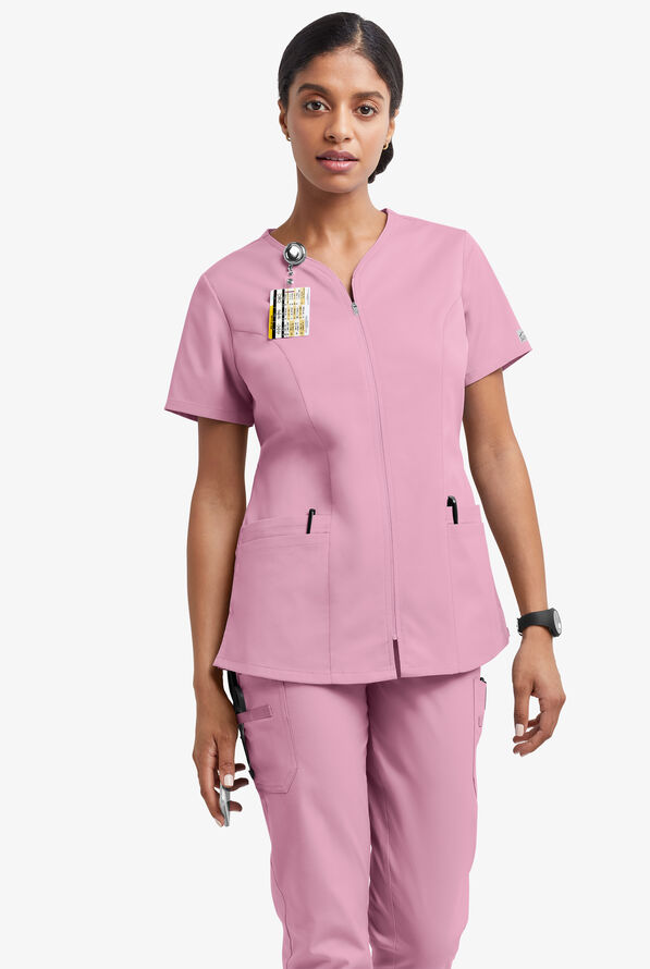 Butter-Soft STRETCH Women's 4-Pocket Smooth Face Zipper Scrub Top - Cherry Blossom - 2