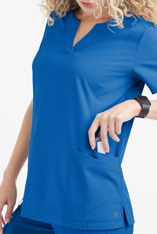 Easy STRETCH Chrisette Women's 4-Pocket with Feminine Neck Detail Scrub Top - Royal - 3
