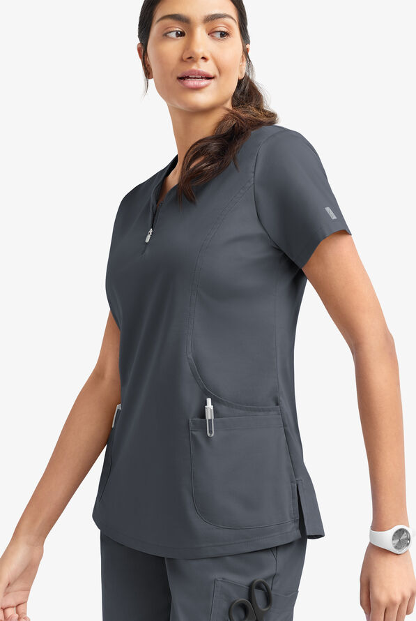 Butter-Soft STRETCH Women's 4-Pocket Curved Neck Zipper Scrub Top - Pewter - 3