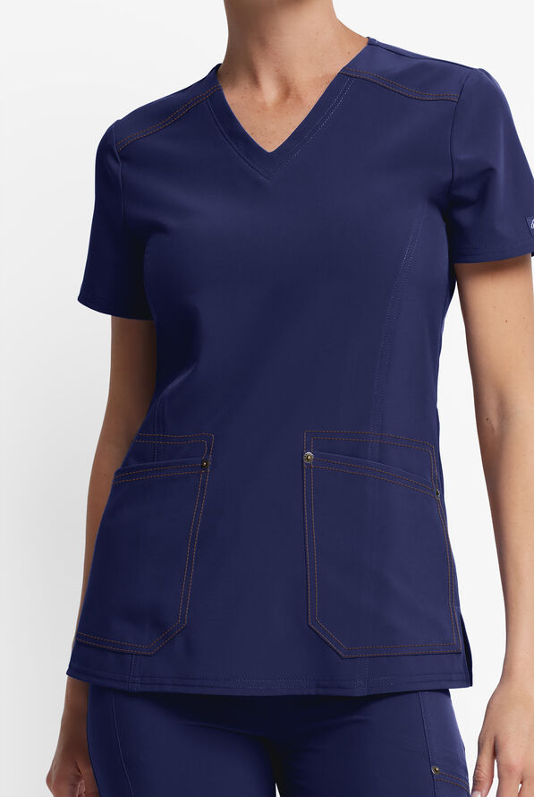 Dickies Riveting Women's 2-Pocket STRETCH Contrast Stitching V-Neck Scrub Top - Navy - 2
