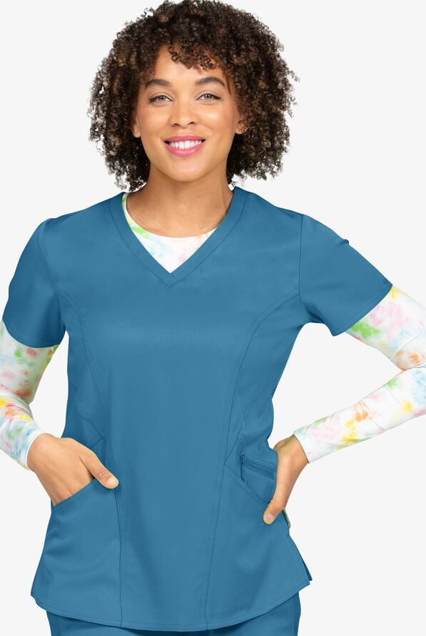 Zavate Ava Therese Women's 3-Pocket STRETCH Back Rib-Knit&nbsp;V-Neck Scrub Top - Blue Shadow - 5