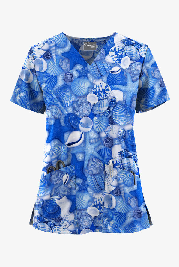 Butter-Soft STRETCH Ocean Finds Royal Women's 2-Pocket V-Neck Print Scrub Top - null - 1