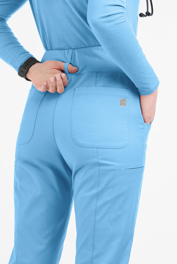 Butter-Soft STRETCH Women's 6-Pocket High Waisted Slim Leg Yoga Scrub Pants - Petite - Blue Oasis - 3