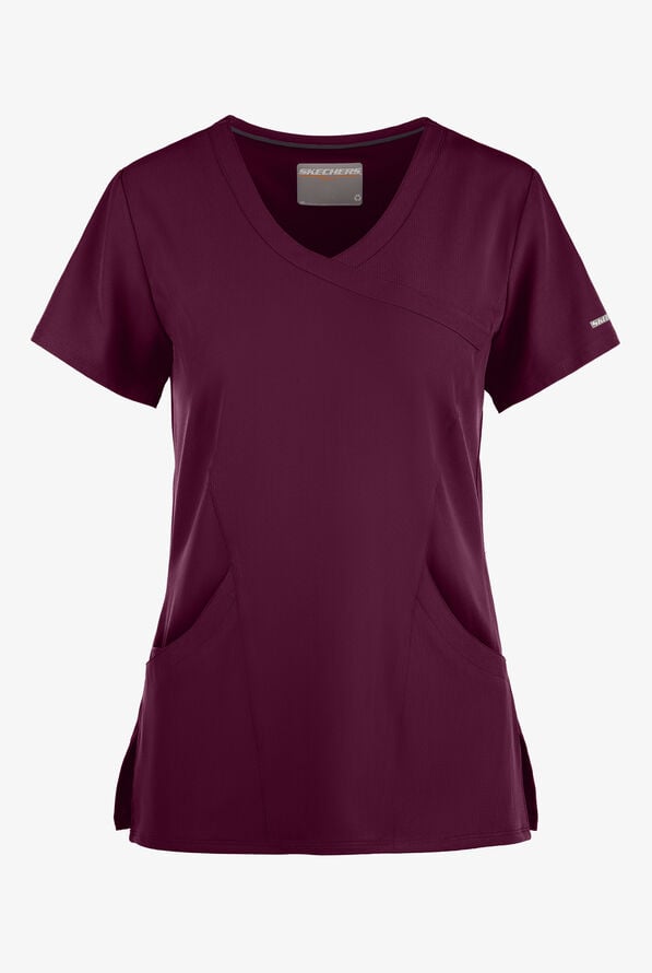 Skechers by Barco Reliance Women's 3-Pocket STRETCH Mock Wrap Scrub Top - Wine - 1