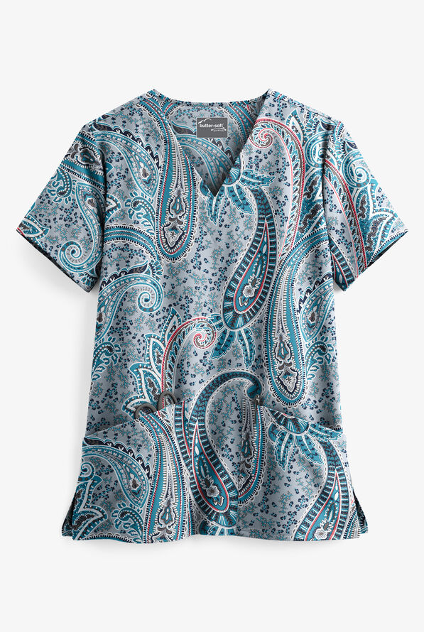 Butter-Soft STRETCH Floral Paisley Silver Women's 2-Pocket V-Neck Print Scrub Top - null - 2