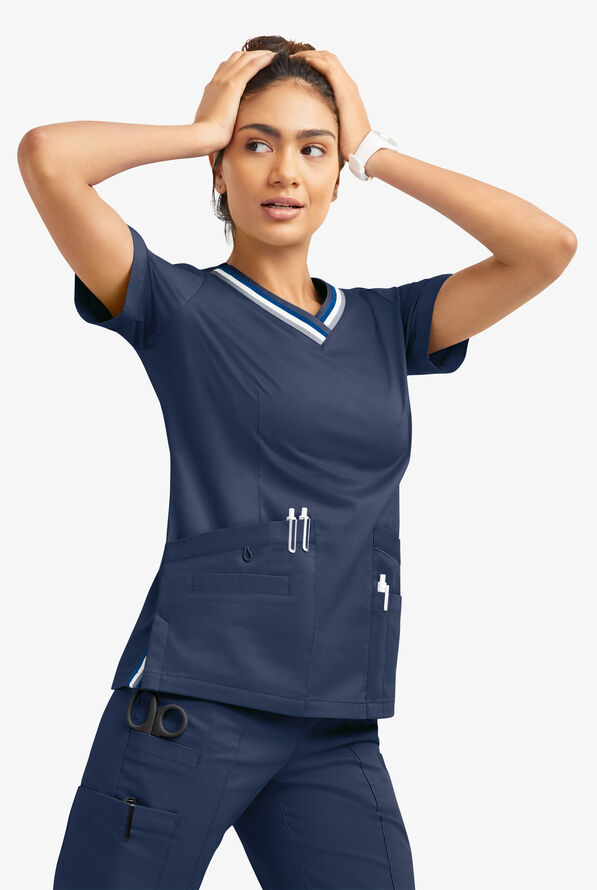 Butter-Soft STRETCH Women's 5-Pocket Short Sleeve V-Neck with Sport Trim Detail Scrub Top - Navy - 7
