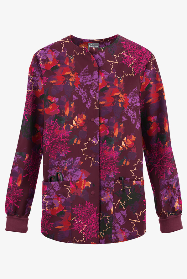 Butter-Soft Originals Autumn Park Wine Women's 3-Pocket Snap Front Print Scrub Jacket - null - 1