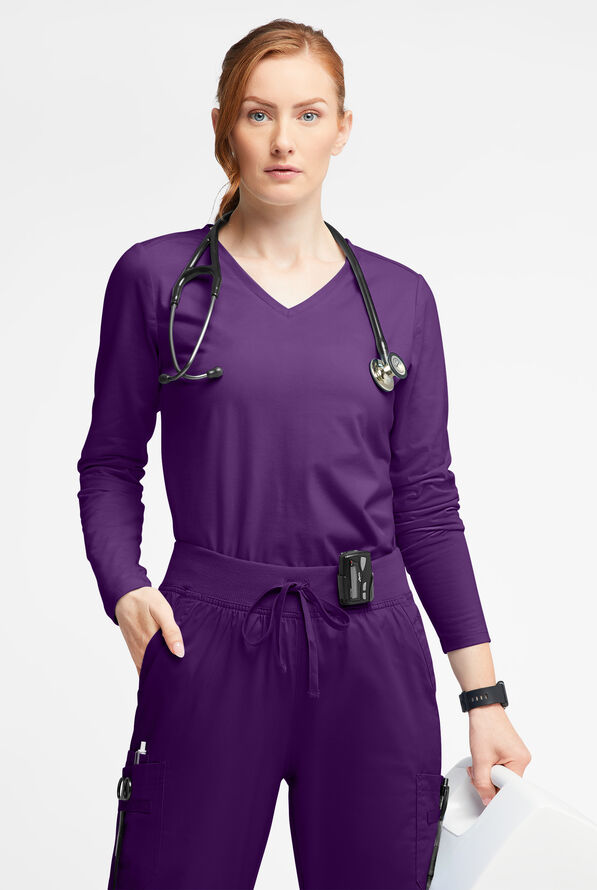 Butter-Soft STRETCH Women&rsquo;s Cotton-Rich V-Neck Knit Underscrub - Eggplant - 3