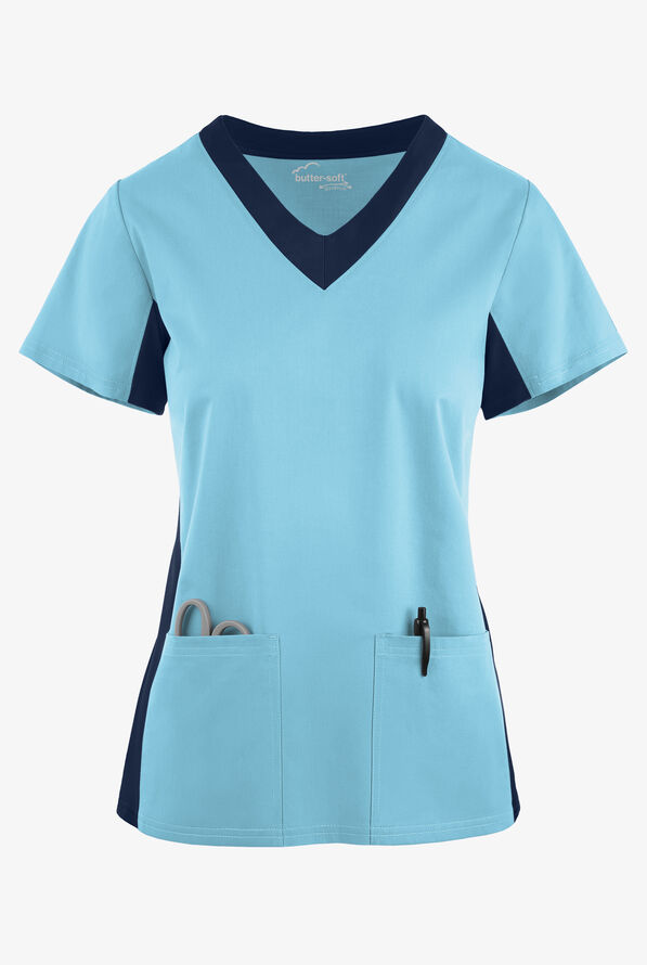 Butter-Soft STRETCH Women's 3-Pocket Contrast Scrub Top - Poolside View/Navy - 1