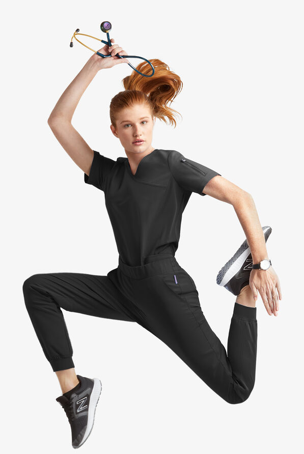 Blusa médica MOVEMENT by Butter-Soft Capella estilo cruzado con 5 bolsillos para mujer - Black - 6