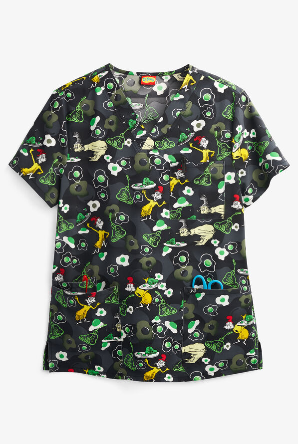 Blusa médica estampada unisex Tooniforms Dr. Suess I Do So Like STRETCH con cuello en V y 4 bolsillos - null - 1