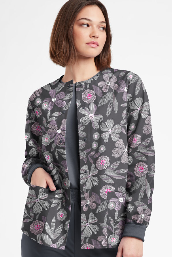 Butter-Soft Originals Linear Floral Pewter Women's 3-Pocket Warm-Up Print Scrub Jacket - null - 2