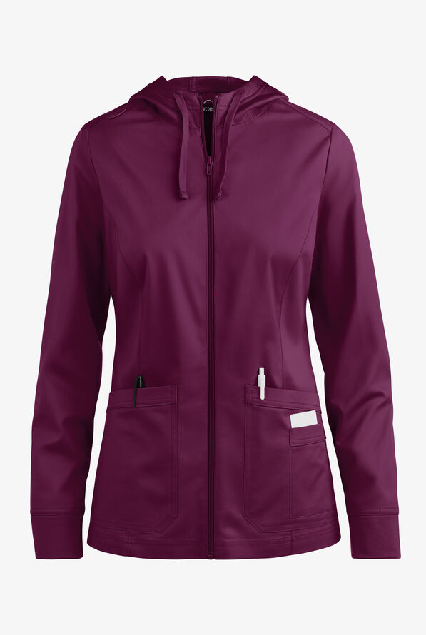 Butter-Soft STRETCH Women's 3-Pocket Zip-Front with Cozy Knit Hood and Trim Scrub Jacket - Wine - 1