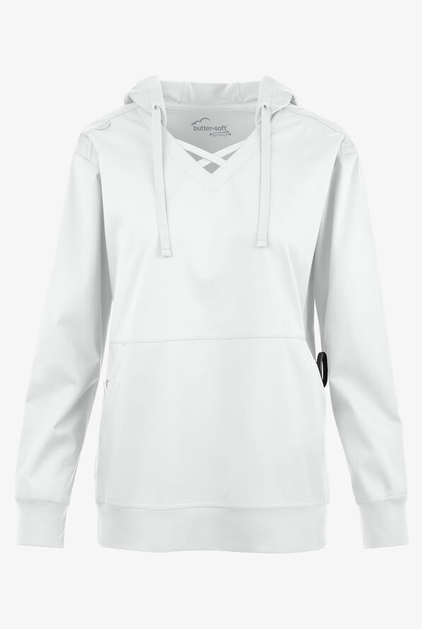 Butter-soft STRETCH Women's 4-Pocket Pullover Scrub Hoodie - White - 1