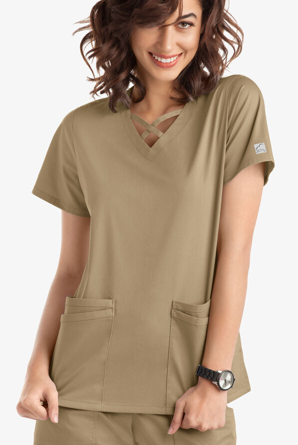 Butter-Soft STRETCH Women's 4-Pocket Crisscross Scrub Top - Golden Sand - 2