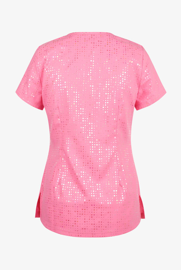 koi Lite Iridescent Peony Pink Women's 2-Pocket  V-Neck Print Scrub Top - null - 2