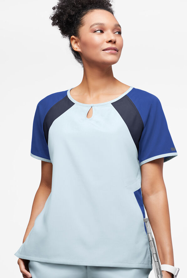 Butter-Soft Originals Women's 3-Pocket Keyhole Neck Tri-Colorblock Scrub Top - Morning Dew/Galaxy/Navy - 3