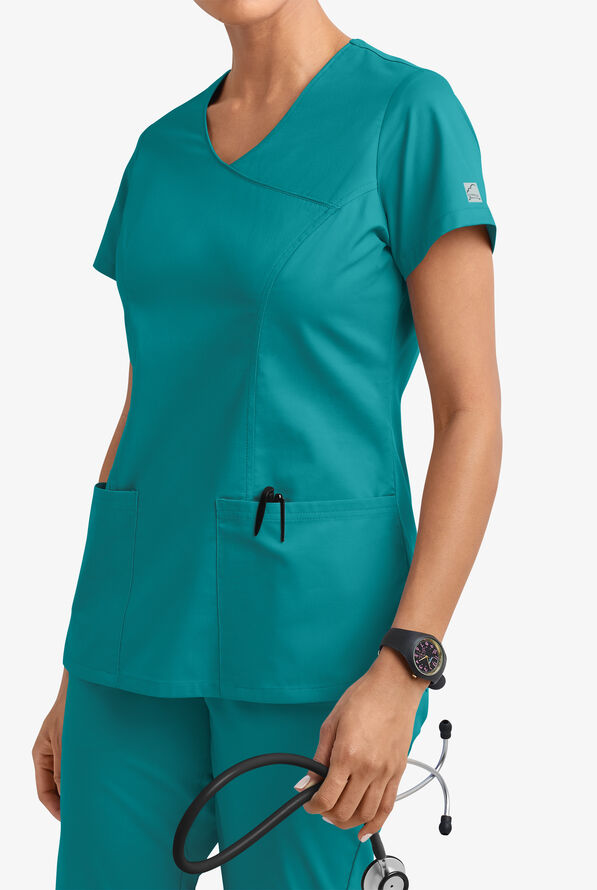 Butter-Soft STRETCH Women's 3-Pocket V-Neck Mock Wrap Scrub Top - Teal - 2