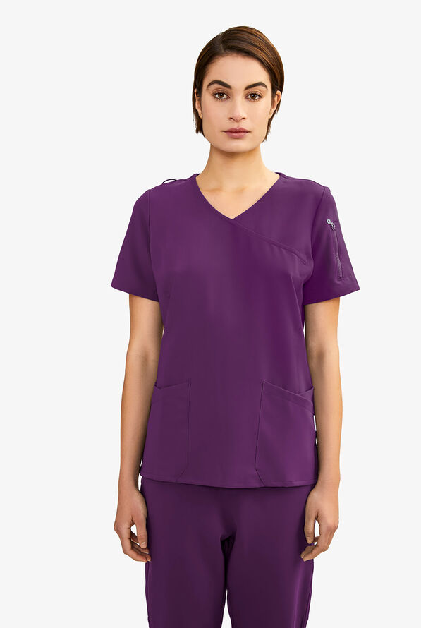 Keswi Women's 5-Pocket Faux Wrap Scrub Top - Eggplant - 1