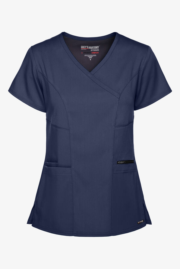 Grey's Anatomy by Barco Spandex STRETCH Kim Women's 3-Pocket Mock Wrap Scrub Top - Indigo - 1