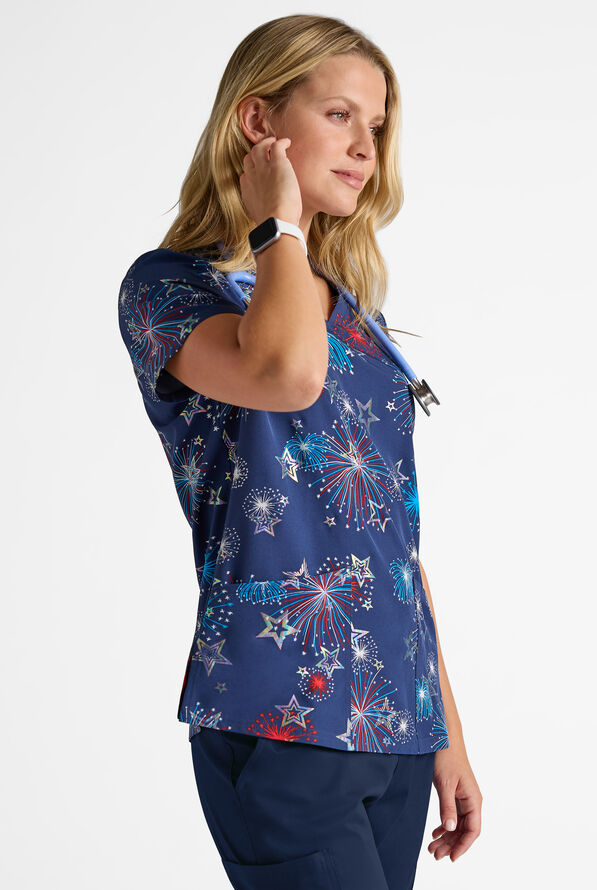 Butter-Soft STRETCH Shining Fourth Navy Women's 2-Pocket V-Neck Print Scrub Top - null - 2