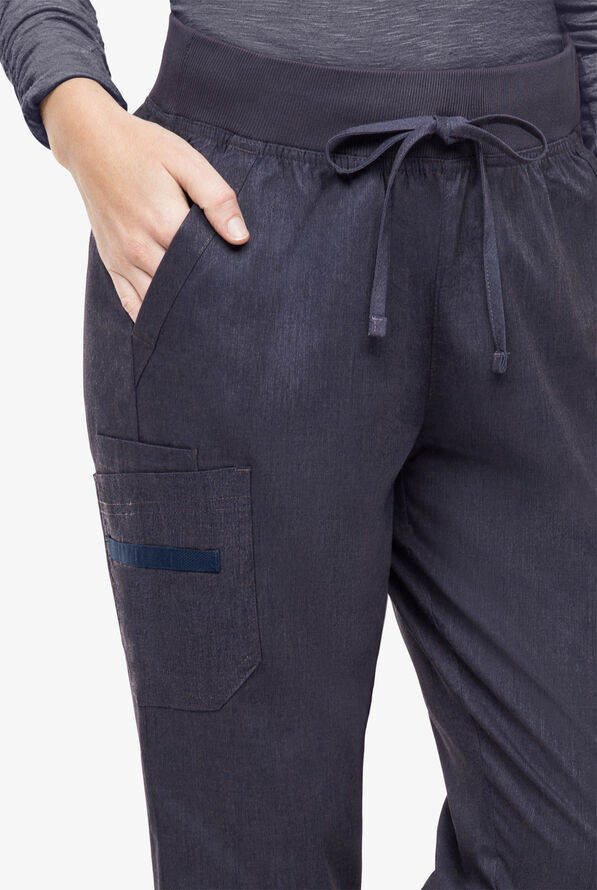 Butter-Soft STRETCH Women's 5-Pocket Cargo Jogger Scrub Pants - Tall - Indigo Denim - 2