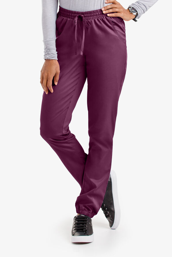 Butter-Soft STRETCH Women's 5-Pocket Jogger Scrub Pants - Petite - Wine - 1